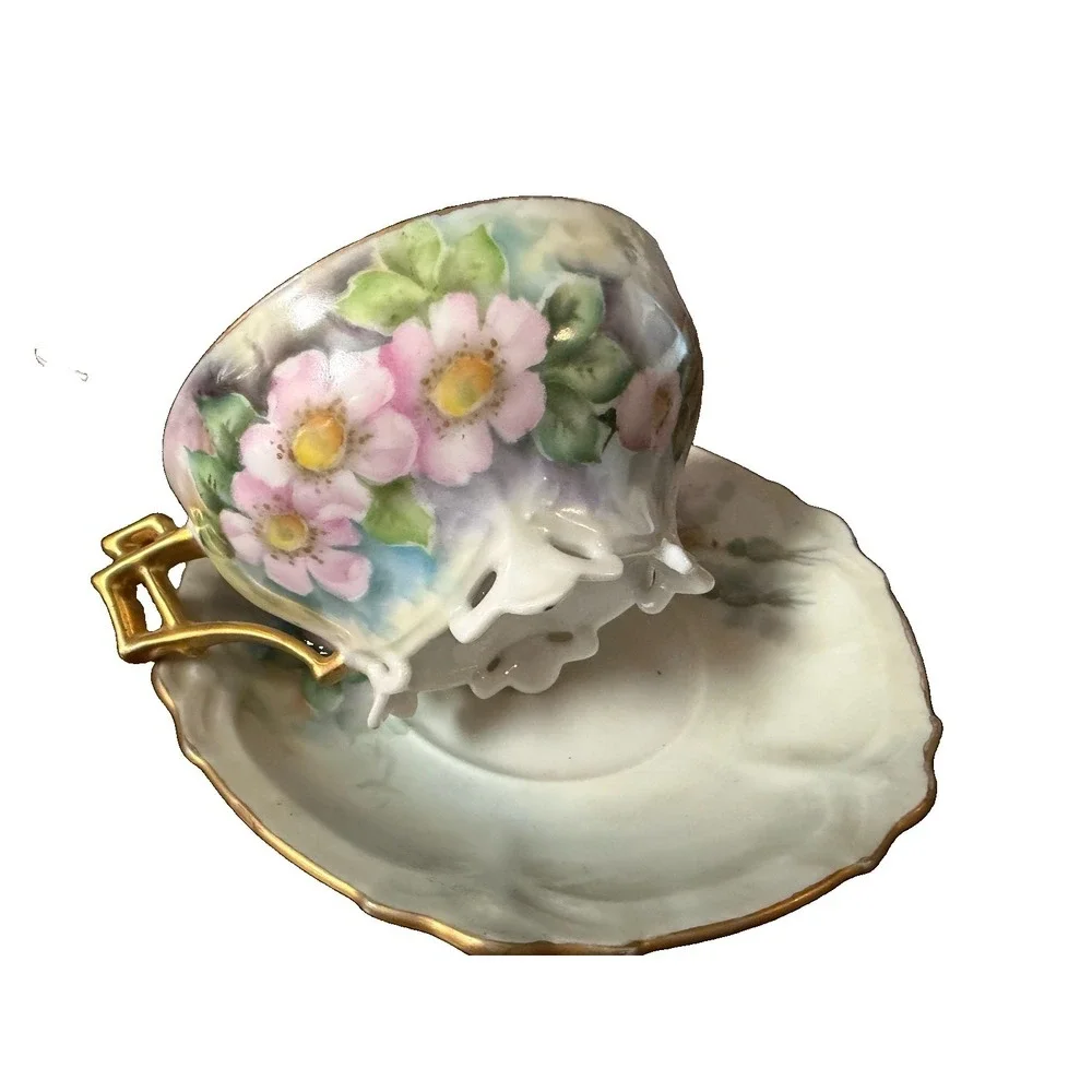 Vintage Japan Footed Teacup Saucer Pink Floral Openwork Pedestal Gold Handle